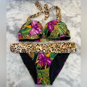 Victoria’s Secret Push-Up Bikini Set 34C Tropical Floral Leopard Animal Print M